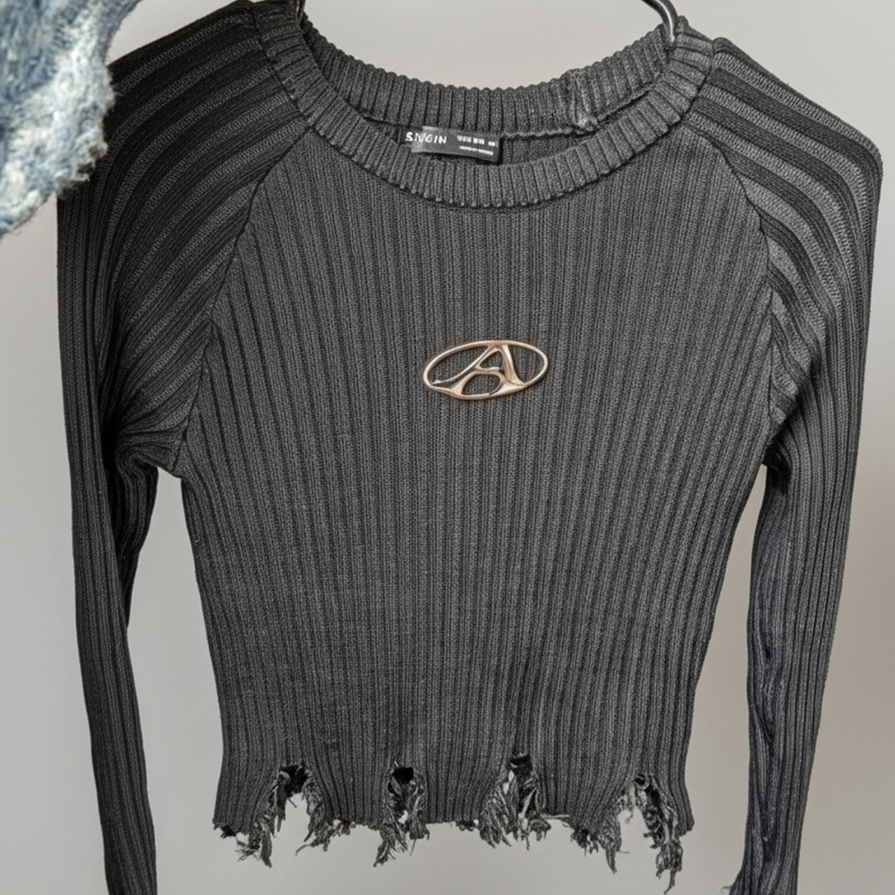 Charcoal Ribbed Frayed Hem Sweatshirt